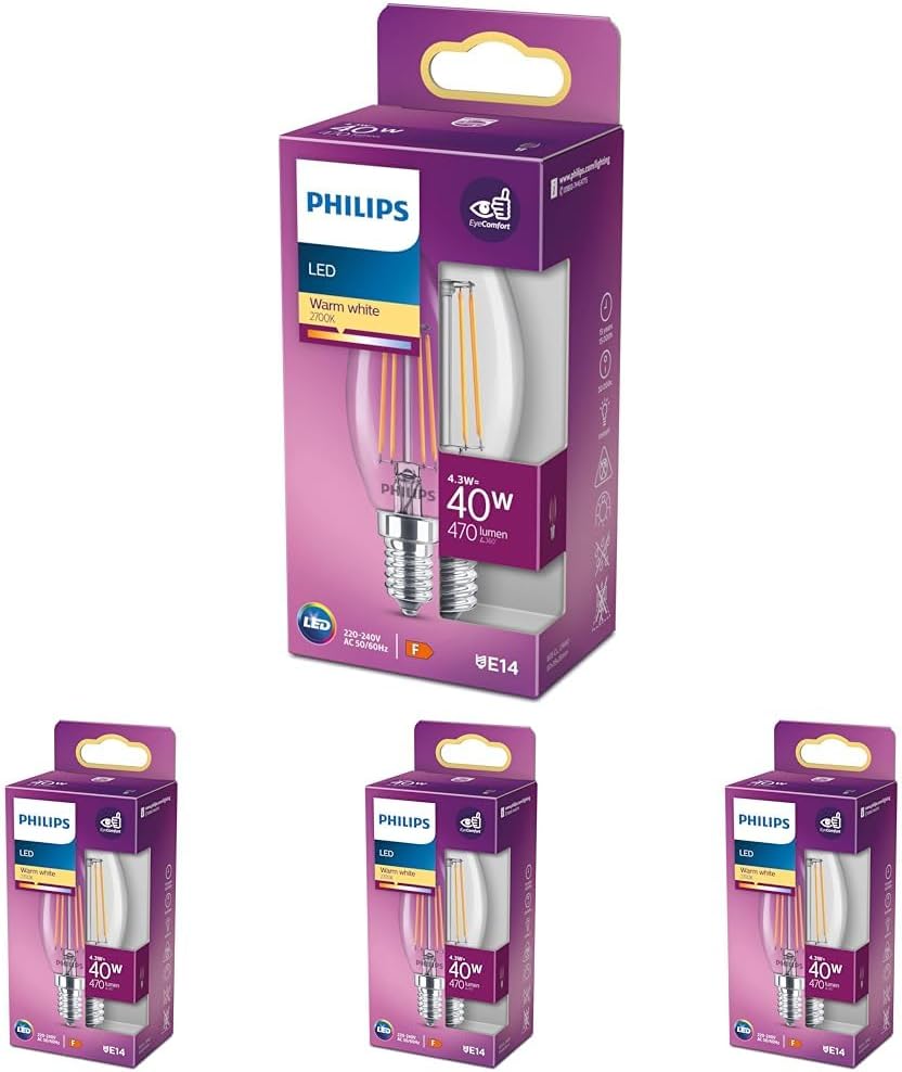 Philips LED Classic 40W B35 Led Candle Filament Bulb, 2700K Yellow Light, E14 Thin Hear, Non-Dimmable 4-pack