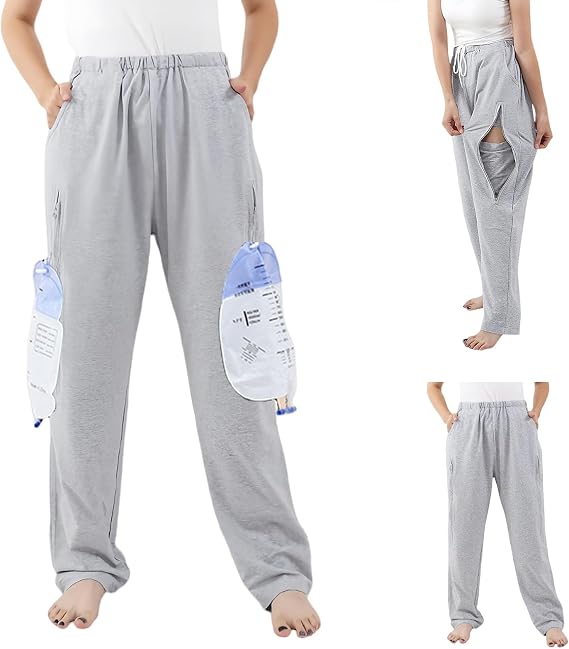 Unisex Incontinence Care Pants,Catheter Trousers,Double Zippered Pockets Holding 2000ml Catheter Bags, Urine Bag Holder Trousers for Nephropathy Nephrostomy,Cystostomy,Eelderly(Gray,M)