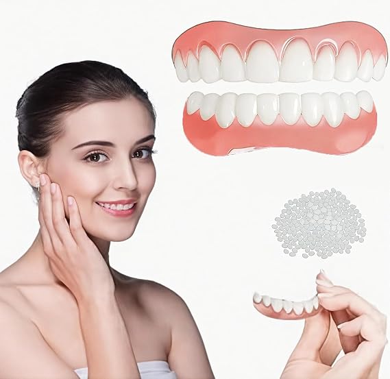 Pairs False Teeth Set for Adults, Instant Veneers Dentures Fake Teeth Braces Whitening Cosmetic Tooth Covering Snap on Smile Teeth Cosmetic Veneers Teeth Temporary Dentures Top and Bottom (1)