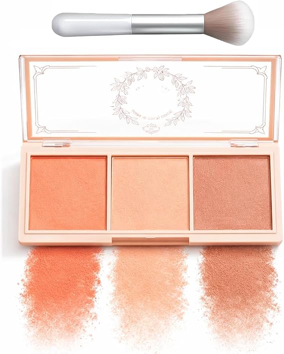 Three-Tone Matte Blusher Palette for Cheeks & Face - Soft Peach Rose Coral Powder, Buildable Long-Lasting Colour with Dual-Ended Brush, Natural Finish Makeup Kit for Everyday Wear