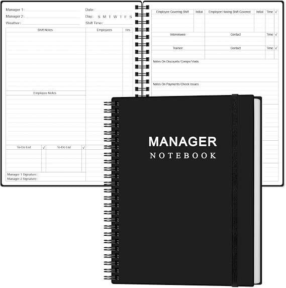 Heveboik Manager Notebook - Manager's Log Book Planner Management Logbook, Spiral Bound, Inner Pocket, 8.2'' X 10.5", Black
