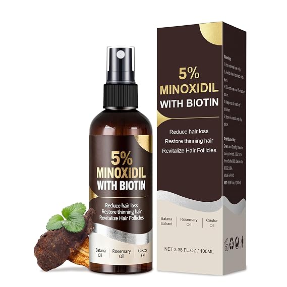 5% Minoxidil Spray for Men & Women - Hair Growth Biotin Serum with Rosemary & Batana Extracts - Extra Strength Treatment for Hair Loss, Thinning & Beard Regrowth, 3.38 Fl Oz