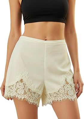 Womens Satin Silk Lace Shorts High Waisted Patchwork Mini Shorts Trendy Lounge Sleep Wear Pajama Bottoms