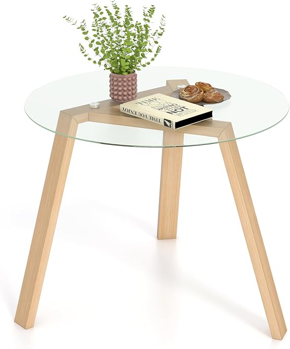 GOFLAME Round Glass Dining Table for 4, 36 Circle Kitchen Table with Tempered Glass Tabletop and Rubber Wood Legs, Modern Coffee Table, Dinner Table for Living Room, Small Spaces, Natural
