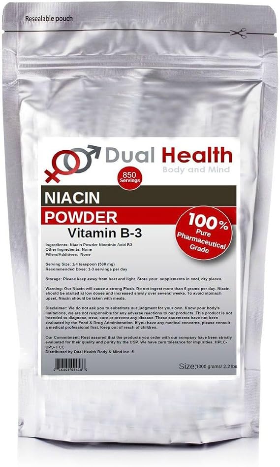 Niacin Powder (2.2 lbs - 1 kilogram) Vitamin B3 Bulk Supplement Immediate Release Niacin with Flush Nicotinic Acid Non-GMO, Vegan, Gluten Free Fast Absorption No GMOs, Fillers, Additives, Metals