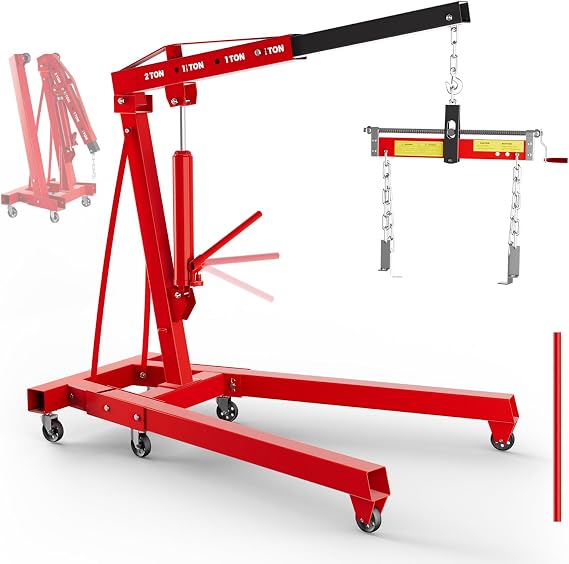 5500 LBS Engine Hoist with Leveler, 2 Ton Cherry Picker Engine Hoist, Folding Engine Shop Crane Hoist Lift, 8 Ton Hydraulic Pump, Cherry Picker Shop Crane with 6 Casters for Engine Lifting Loading