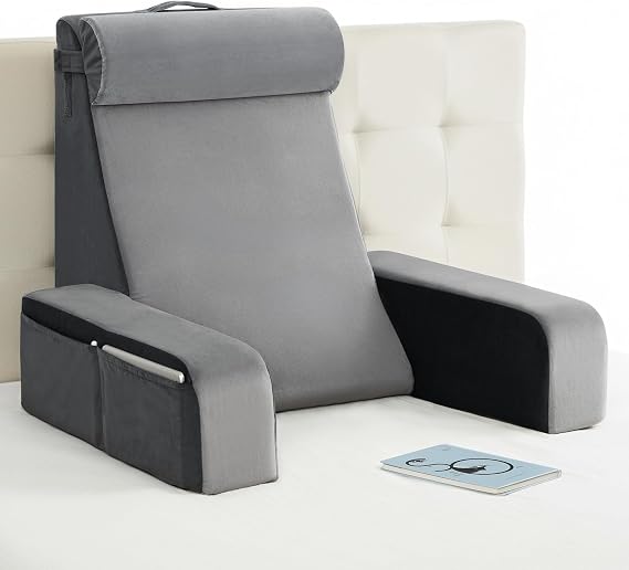 Vekkia 25" Reading Pillow for Bed with XL Side Pockets for Tall Adults | 60 Wedge Back Support, Built-in Armrests, Washable Cover, Idea for TV, Gaming, Working, Nursing,Recovery in Bed & Floor,Gray