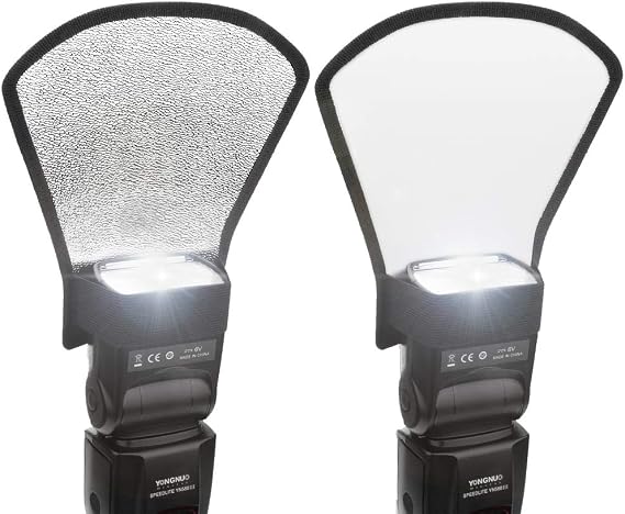 2 Pack Flash Diffuser Reflector - 2-Sided White/Silver Bend Bounce Flash Reflector Kit with Elastic Strap for Canon, Nikon, Sony, Fuji and All Speedlight Flashes