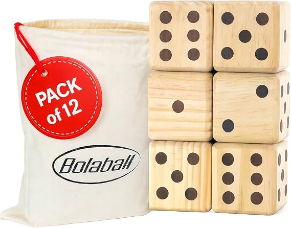 Bolaball 3.5" Giant Wooden Yard Dice Set Pack of 12 for Outdoor Fun, Barbeque, Party Events, Backyard Games, Beach Games, Lawn Game Includes 6 Dice and a Carry Bag for Easy Storage