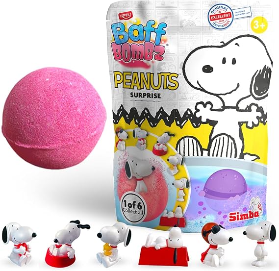 ZIMPLI Large Peanuts Surprise Bath Bomb, 1 of 6 Surprise Snoopy Toys to Collect, One per Baff Bomb, Bath Bomb Pocket Money Gift, Collectible Figures, Party Bag Favours