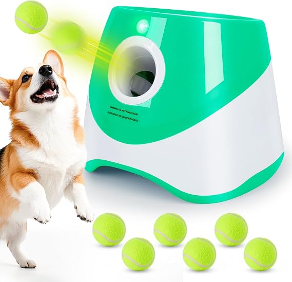 Automatic Dog Ball Launcher, Automatic Ball Thrower for Dogs with 6PCS 2'' Tennis Balls, Interactive Pet Toys for Small Dogs, Pet Launcher Throwing Machine Outdoor, Green