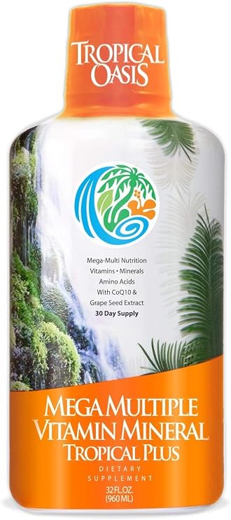 Tropical Oasis Mega Plus - Liquid Multivitamin and Mineral Supplement Includes 85 Vitamins & Minerals, 20 Amino Acids + CoQ10, Grape Seed Extract & Organic Aloe Vera - 32oz, 32 Servings, 33460