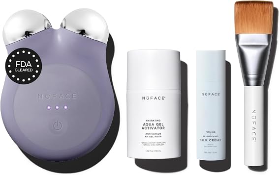 NuFACE MINI+ Microcurrent Facial Device Kit - FDA Cleared Face Sculpting & Skin Firming Device to Contour & Tone + Microcurrent Gel Activator, Silk Creme & Applicator Brush - Violet Dusk