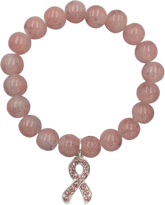 Gypsy Jewels Natural Stone Breast Cancer Awareness with Pink Ribbon Rhinestone Charm Silver Tone Stretch Bracelet