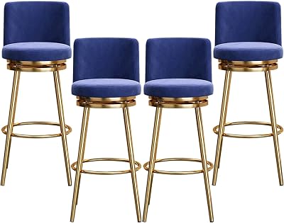 Swivel Bar Stools Set of 4, Modern Kitchen Velvet Upholstered Stools Island Chair with Metal Footrest for Home Bar IslandBlue Gold Frame,75cm