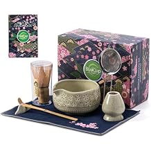 Buucup Matcha Whisk Set, Ceramic Matcha Kit Set Includes Matcha Bowl, Matcha Whisk and Holder, Bamboo Scoop, Scoop Rest, Sifter and Tea Towel - 7 Pcs Matcha Kit for Matcha Lovers (Mottled Green)
