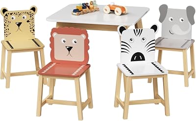 5-Piece Cute Table and Chairs Set, Wooden Childrens Play Table with 4 Chairs, Cartoon Animal Design, Learning and Activity Furniture for Classroom, Playroom