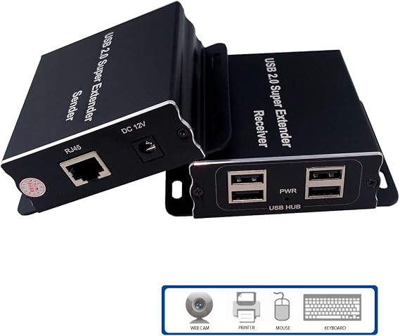 E-SDS USB 2.0 Extender to RJ45 Over Cat5 Cat5E Cat6 up to 196 Ft, USB Ethernet Extender Over Cat5/5E/6 Supports Windows/Mac/Vista, Plug and Play, No Driver Needed (USB Extender 4 Ports)