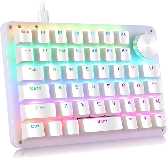 Koolertron One Handed Mechanical Gaming Keyboard with 24 Macro Keys, 45-Key Fully Programmable Mini Keypad, White Mini USB Macro Keyboard with Rotating Knob, with RGB LED Backlit Red Switches