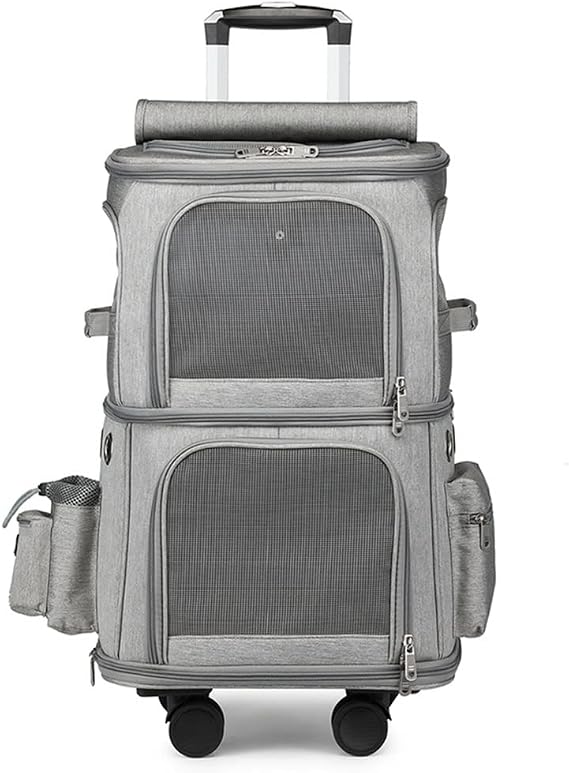 Double Layer Dog Pram Cat Strollers for 2 Cats, Pet Cat Dog Travel Carrier with Wheels, Cat Bag Portable Outdoor Pet Pushchair Folding Soft Sided Carriage for Puppy, Rabbits(Gray a)