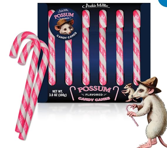 Archie McPhee Possum Flavored Pink & Gray Striped Candy Canes - Stocking Stuffers - Christmas Candy - Gift Box of 6 pieces Fun Novelty Candy
