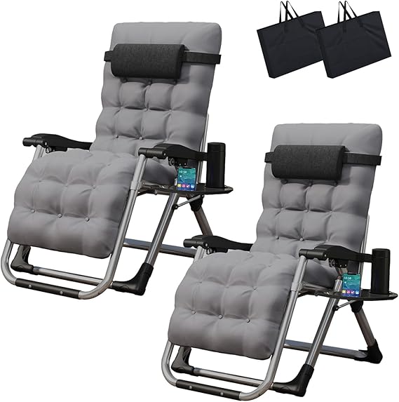 TRIOBLADE Outdoor Reclining Zero Gravity Chair with Cup Holder & Cushion, Adjustable Sun Loungers Folding Recliner Garden Chairs for Patio Garden Beach Support 200kg (Set of 2 Gray)