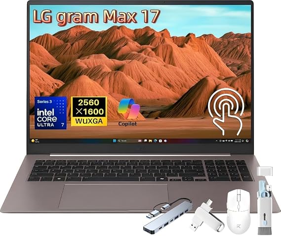 LG gram Max 17 Laptop 2026, 17" WQXGA IPS Touchscreen, Intel Ultra 7 355 AI CPU, 32GB RAM 7500 MHz, 1TB SSD, Thunderbolt4, Ultra-Light Business Laptop, 26.5-Hour Battery, Windows 11 Pro, W/Accessories