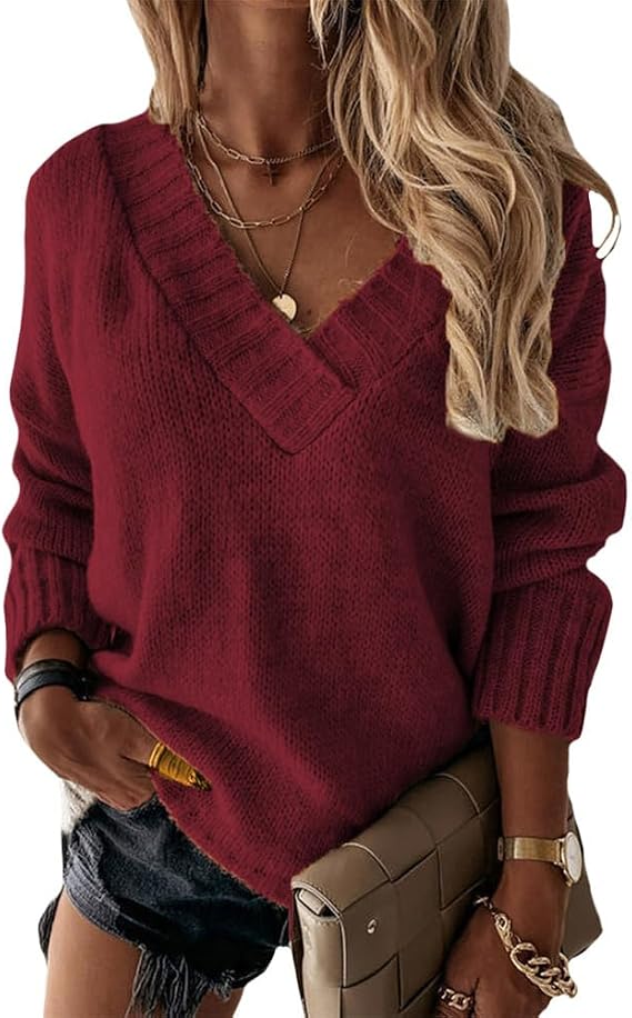 Women's V Neck Sweater Oversized Long Sleeve Solid Ribbed Knitted Pullover Tops Sexy Loose Cozy Chunky Jumper Sweaters