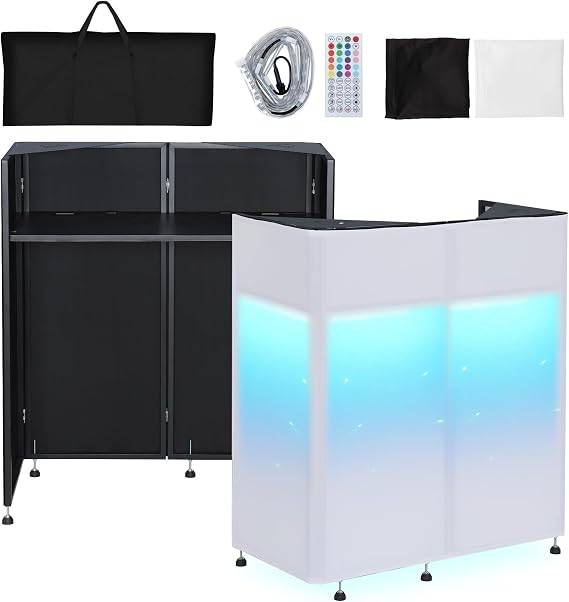 Kokorona Portable DJ Booth 108 x 51x 115 cm with Dual Top Corners, DJ Facade Booth with Cable Hole, DJ Table Stand with Light Strip and Remote Control, Metal Frame + Black & White Scrims + Carry Bag
