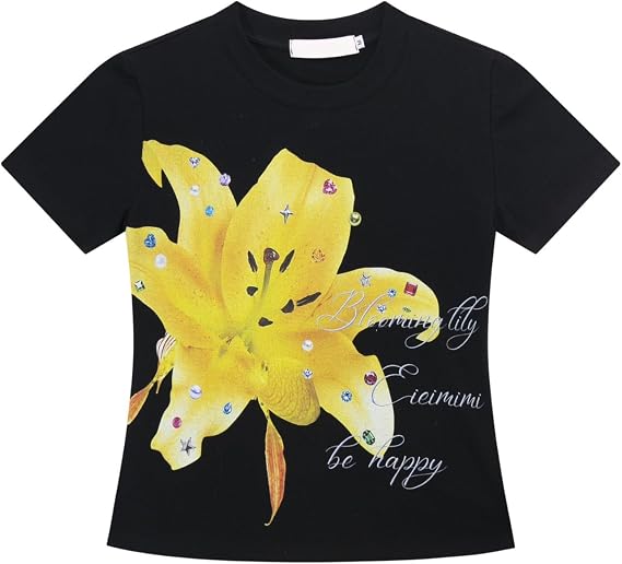 CUTEGAL Y2k Graphic Tees for Women Rhinestone Apple Print Tops Aesthetic Crew Neck T Shirt Casual Streetwear Summer Tshirt