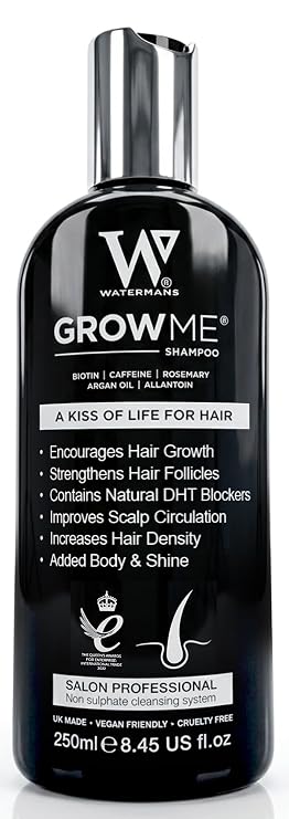 Watermans Grow Me Organic Hair Growth Shampoo for Men & Women Strengthening & Moisturizing with Biotin, Rosemary, Caffeine & Argan Oil for Fuller, Thicker-Looking Hair (8.45 fl oz)