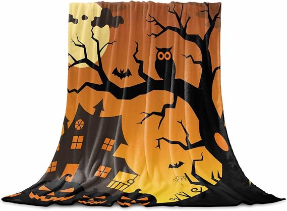 Flannel Fleece Blanket 60" x 80", Halloween Microfiber Cozy Soft Throws for Women, Pumpkin Castle Owl Moon Tree Orange Lightweight Throw Blankets for Couch, Sofa, Bed, Living Room, Bedroom