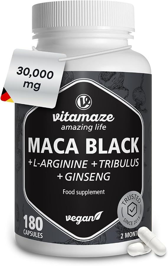 Black Maca, Maca Root Extract 30.000 mg with Tribulus + L-Arginin + Ginseng + Zinc + B-Vitamins,180 Capsules High Strength, Vitamaze