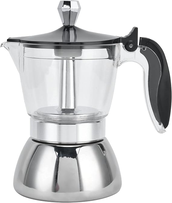 Stainless Steel Coffee Maker, 4 Cup Stovetop Pot Modern Design, Heat Handle, Transparent, Suit Home, Office, Hotel and Restaurant