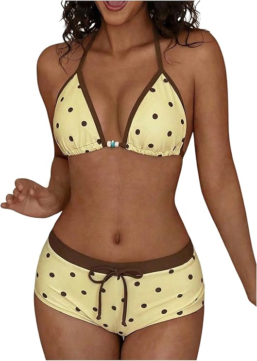Milumia Women's 2 Piece Polka Dots Boyshort Bikini Set Beaded Halter Triangle Swimsuit with Shorts