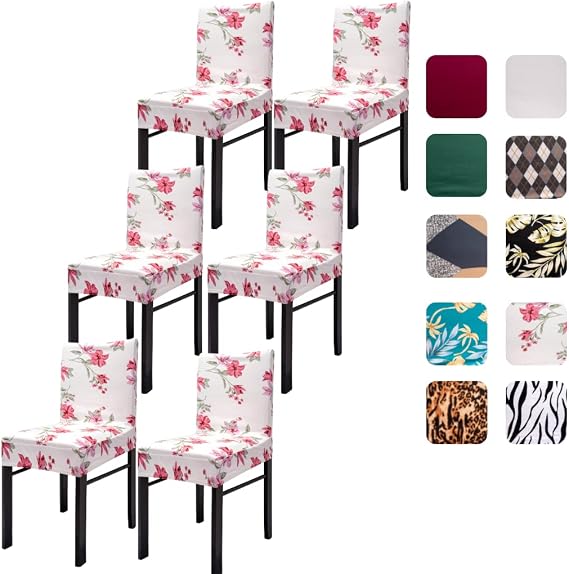 Chair Covers for Dining Room 6 Pack, Stretch Spandex Chair Covers Slipcovers Washable Parsons Chair Cover Protector Removable Slipcovers Dining Chair Covers for Home, Hotel (White/Floral)
