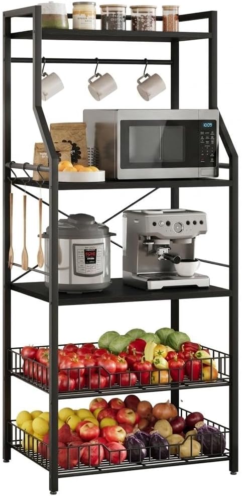 5-Tier Kitchen Bakers Rack with 8 Hooks, Industrial Coffee Bar Station with Wire Baskets and Wood Countertops, High Microwave Stand for Spices, Pots and Pans,59 x 39 x 154cm,Black