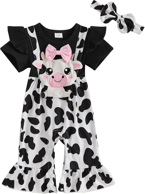 Kavousa Baby Girl Summer Outfit Cartoon Animals Cow Short Sleeve One-Piece Romper Jumpsuit Headband Set Newborn Clothes