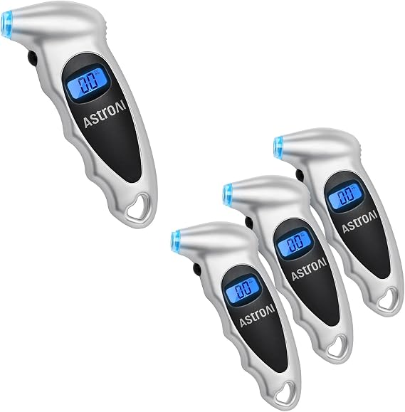 AstroAI Digital Tire Pressure Gauge 0-150PSI (Accurate in 0.1 Increments), 4 Units for Car Truck Bicycle with Backlight LCD and Presta Valve Adaptor, Sliver