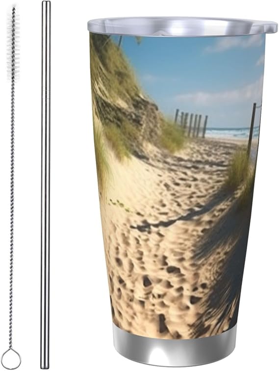 Beach Themed Tumbler with Lid and Straw 20oz Stainless Steel Car Cup for Hot and Cold Drinks, Double Wall Insulated Travel Coffee Mug Reusable Drink Thermos Cup Birthday Gifts