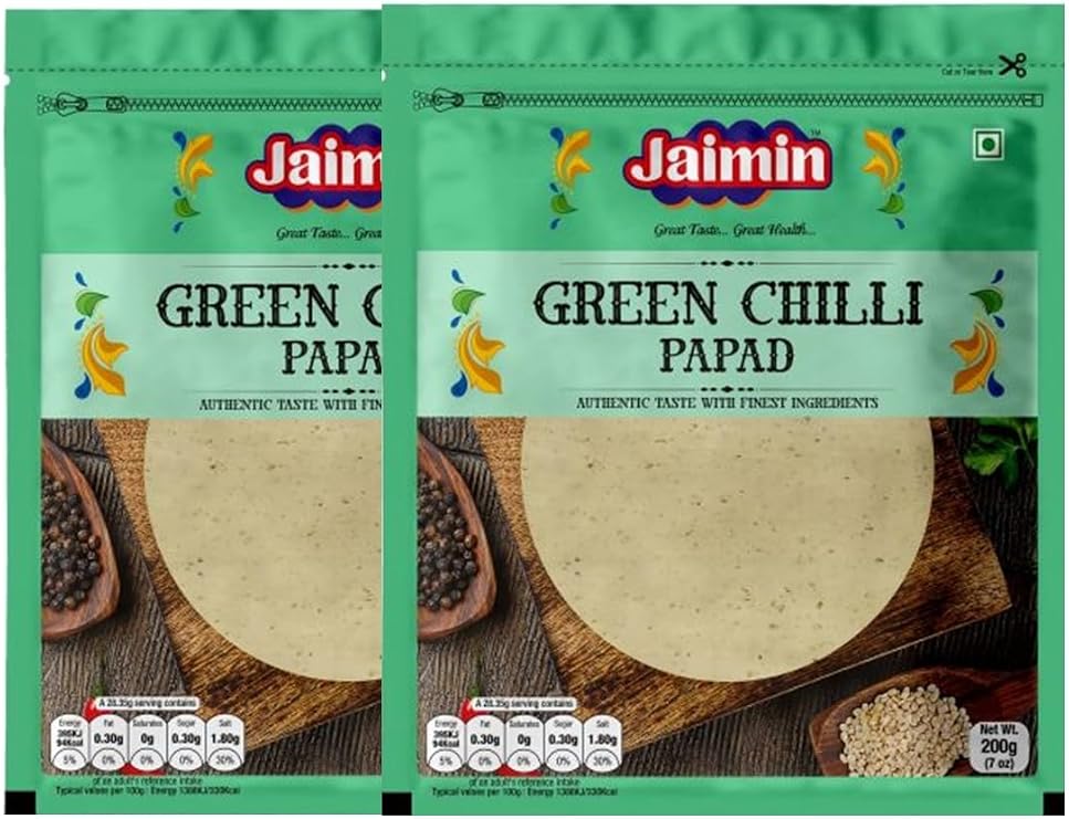Jaimin Assorted Papad Variety Pack, 7 Flavours - Bikaneri, Black Pepper, Jeera, Green Chilli, Rajwadi, Punjabi, Garlic, 200g Each | Crispy & Flavorful Snacks (Pack of 2, Green Chilli)
