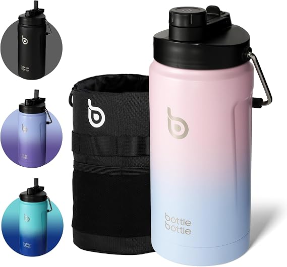 BOTTLE BOTTLE 2 Litre Water Bottle with Straw and Dual-use Lid Large Insulated Water Bottles with Handle Big Stainless Steel Metal Flask for Hot Drink(Pink Blue)