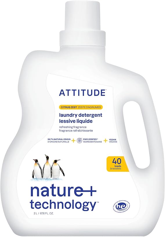 ATTITUDE Liquid Laundry Detergent, EWG Verified, HE Compatible, Plant-Based & Vegan, Natural Laundry Soap, Citrus Zest Scent, 40 Loads, 2 Liters