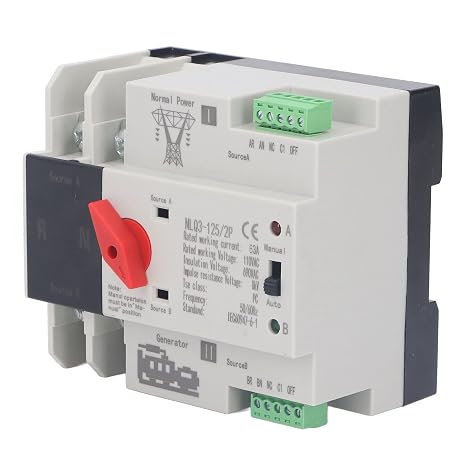 Power Automatic Transfer Switch - 2P Generator Transfer Changeover Switch AC110V, 50Hz 60Hz, 63A for Continuous Power Supply