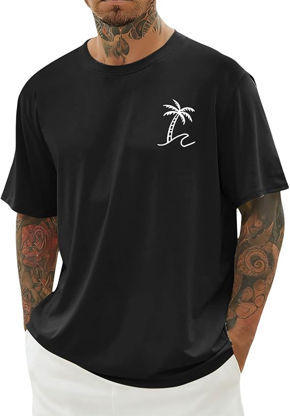 Men Summer T Shirt Short Sleeve Crew Neck Casual Summer Beach Palm Tree Vintage Hawaiian Tees Funny Holiday Basic Classic Work Tops Loose Fit Breathable Cotton Sport Gym Workout T-Shirt