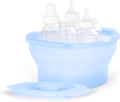 Ubbi 3-in-1 Collapsible Microwave Wash Bin, Baby Bottle Sterilizer & Veggie Steamer, Reusable Silicone Steam Bag for Travel or Home Use, Fits Up to 5 Baby Bottles, Dishwasher Safe, Blue