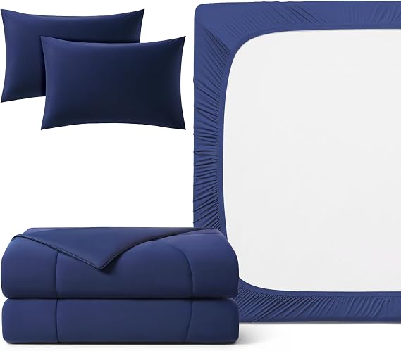 REST Buy 2 GET 35 Percent Off: Evercool Comforter Plus 3PC Starter Sheet Set Bundle, in Midnight Blue, Queen Size