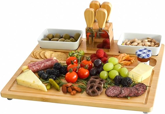 Picnic at Ascot Large Bamboo Cheese Board/Charcuterie Platter with 4 Stainless Steel Tools, 2 Ceramic Trays & Cheese Markers -16" x 13"- Designed & Quality Checked in USA