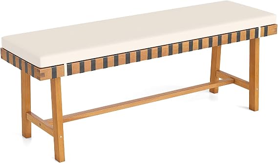 Tangkula Acacia Wood Outdoor Bench with Padded Cushion, 48" Long Dining Bench with Washable Zippered Cover, Backless Wooden Entryway Bench, Garden Poolside Porch Balcony Deck Indoor Furniture (1)