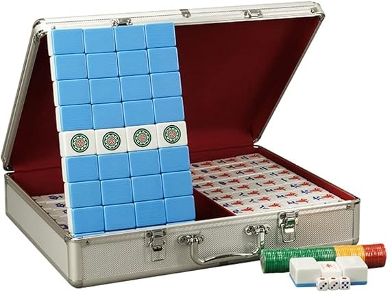 Traditional Chinese Mahjong Game Set with 144 Melamine Tiles,2 Spare Tiles,3 Dices,mat,1 Wind Vane,Chips for Chinese Style Game Play